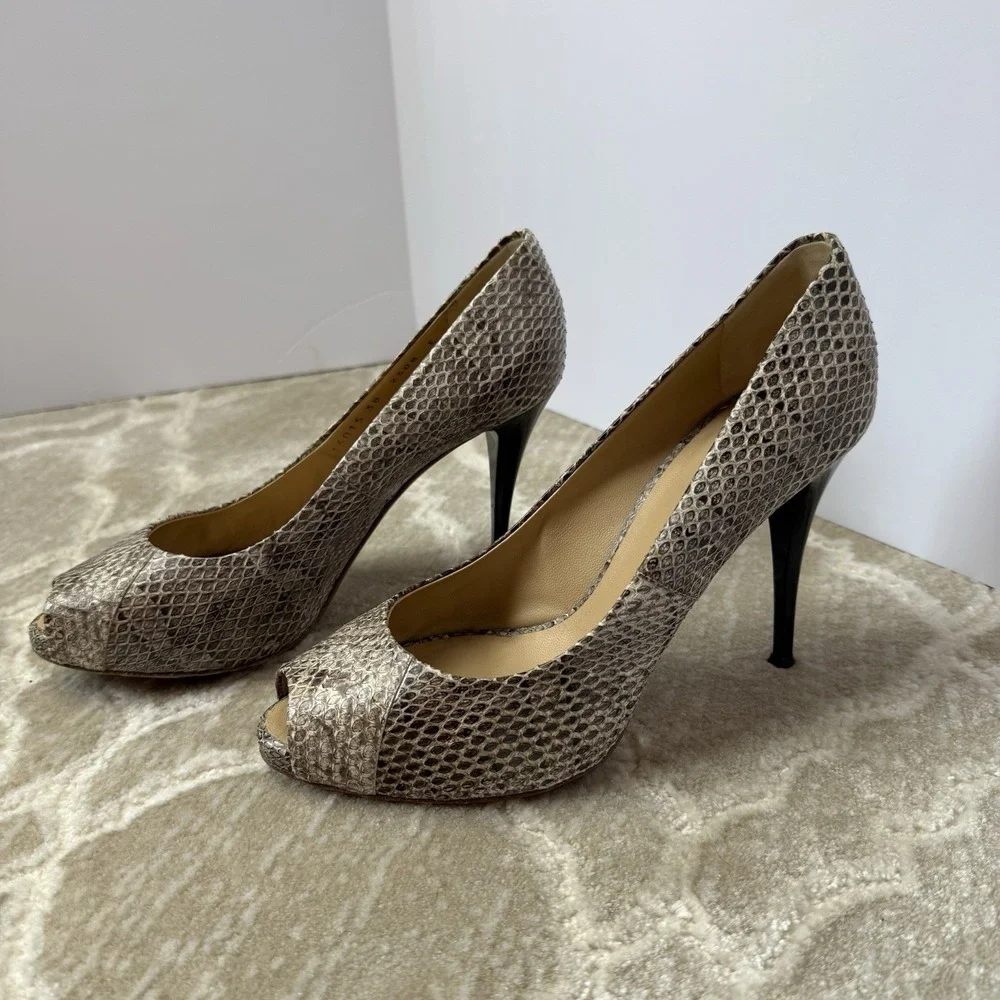 Giuseppe Zanotti Snake Print Embossed Leather Peep Toe Pump Heels EU38 US8‎ Used